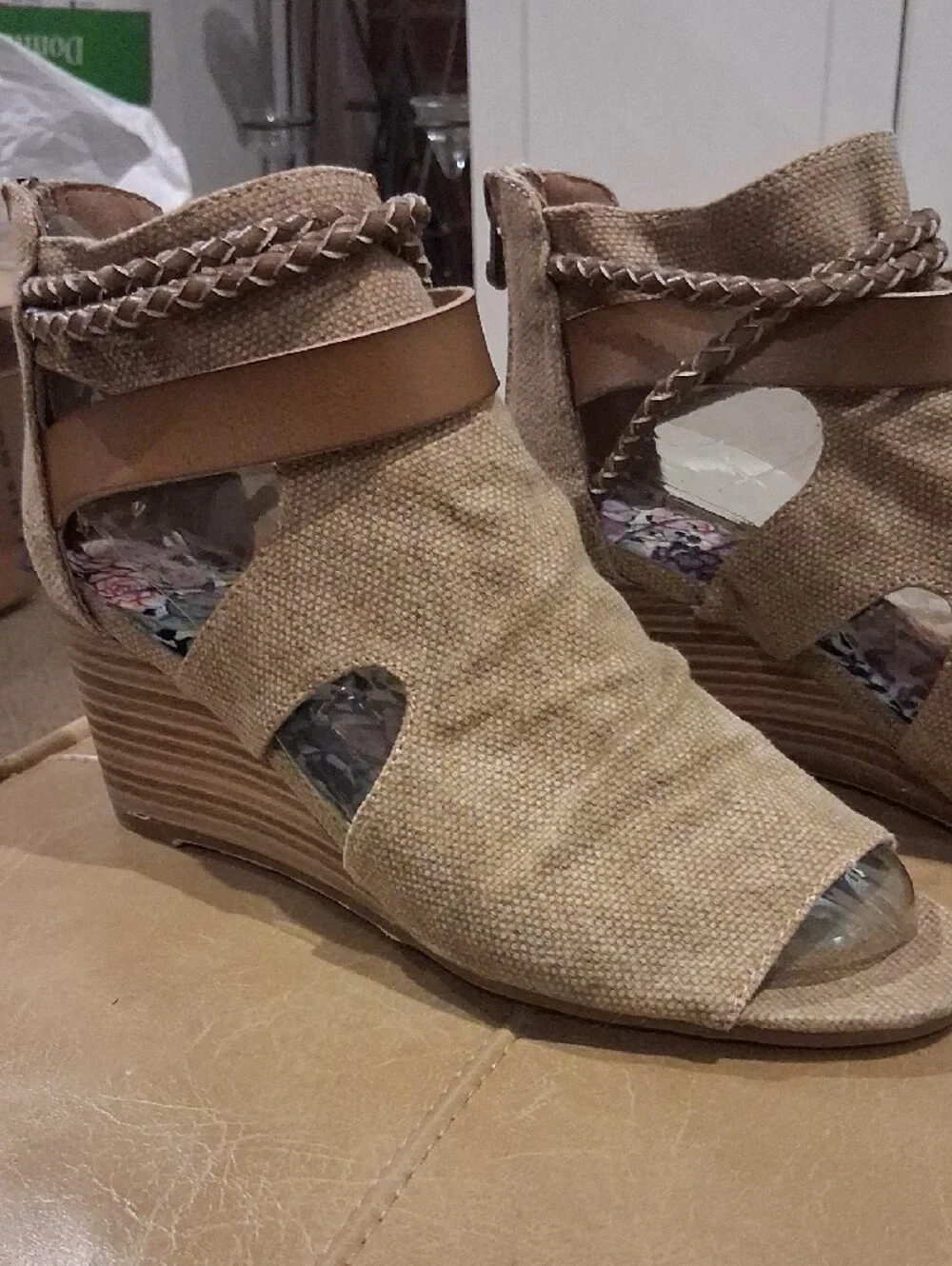 BLOWFISH Women's Tan Wedge Sandals with Braided Strap